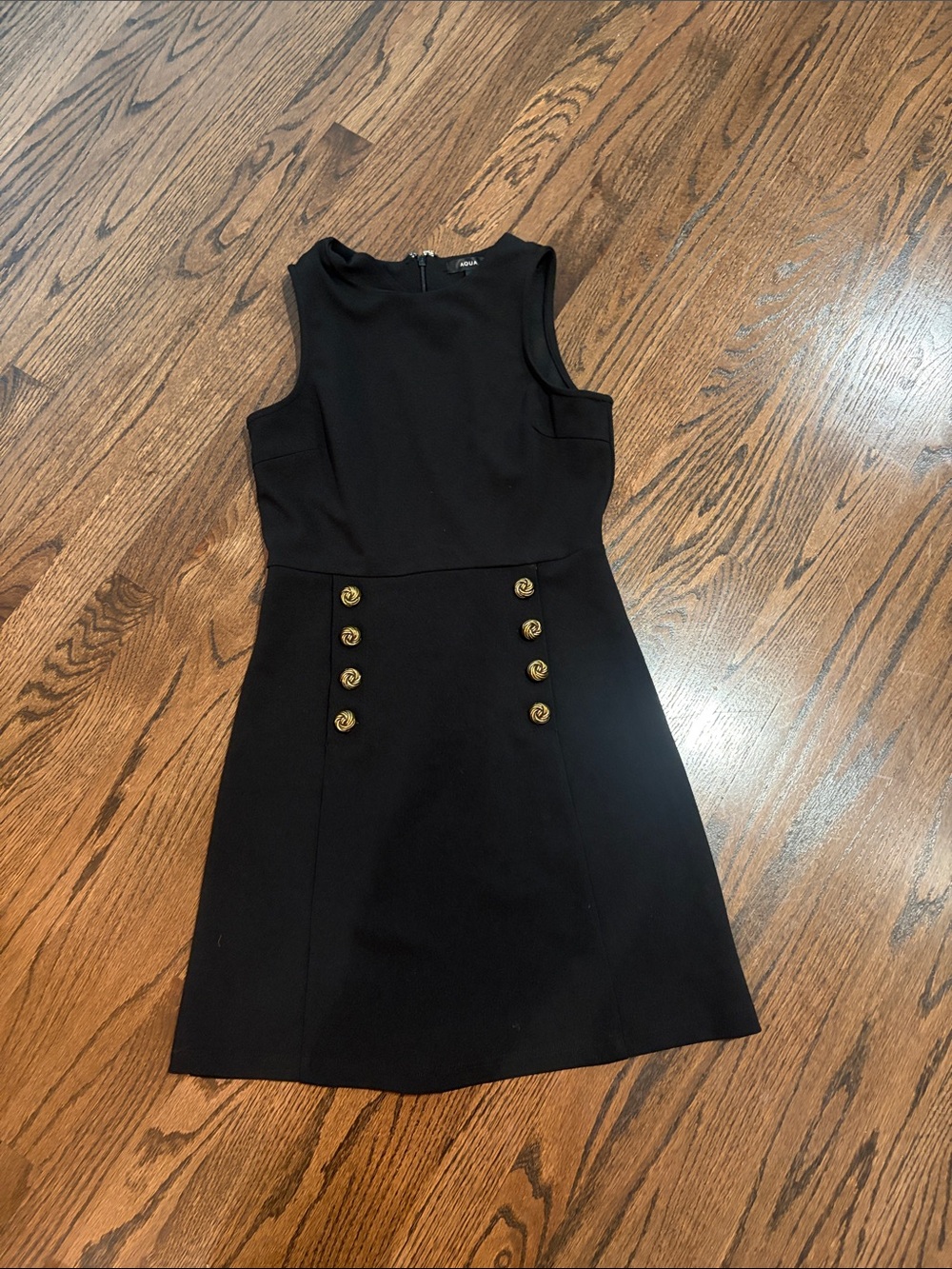 Aqua Black Sleeveless Shift Dress with Decorative Gold Buttons
